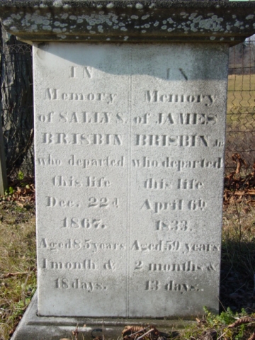 photo of James and Sally Brisbin deatil of inscription on monument in Brisbin Cemetery, Town of Saratoga