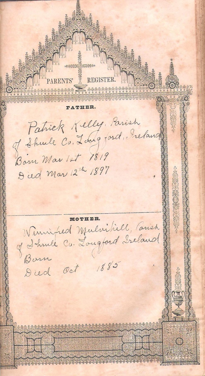 Image of Parent's Register page of family records in Kelley/Kelly Bible
